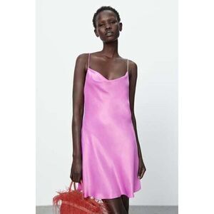 ZARA Pink Satin Camisole Rhinestone Strap Cowl neck Slip mini dress Small